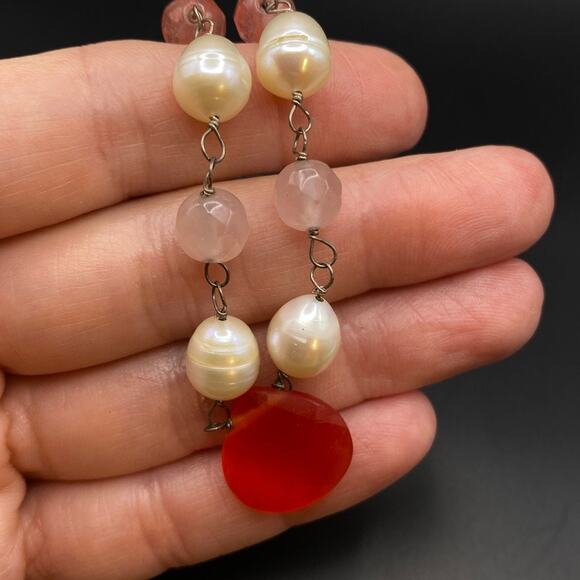 Handmade Vtg Pearl Rose Quartz Beaded Necklace 925 Sterling Silver Chain 16" - Picture 5 of 9